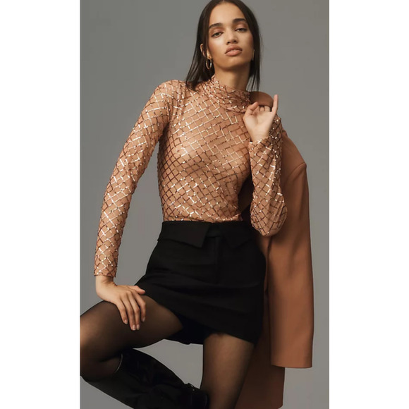 Pilcro Anthropologie 3X Sheer Turtleneck Sequin Top Rose Gold Blouse Mesh - Picture 1 of 10